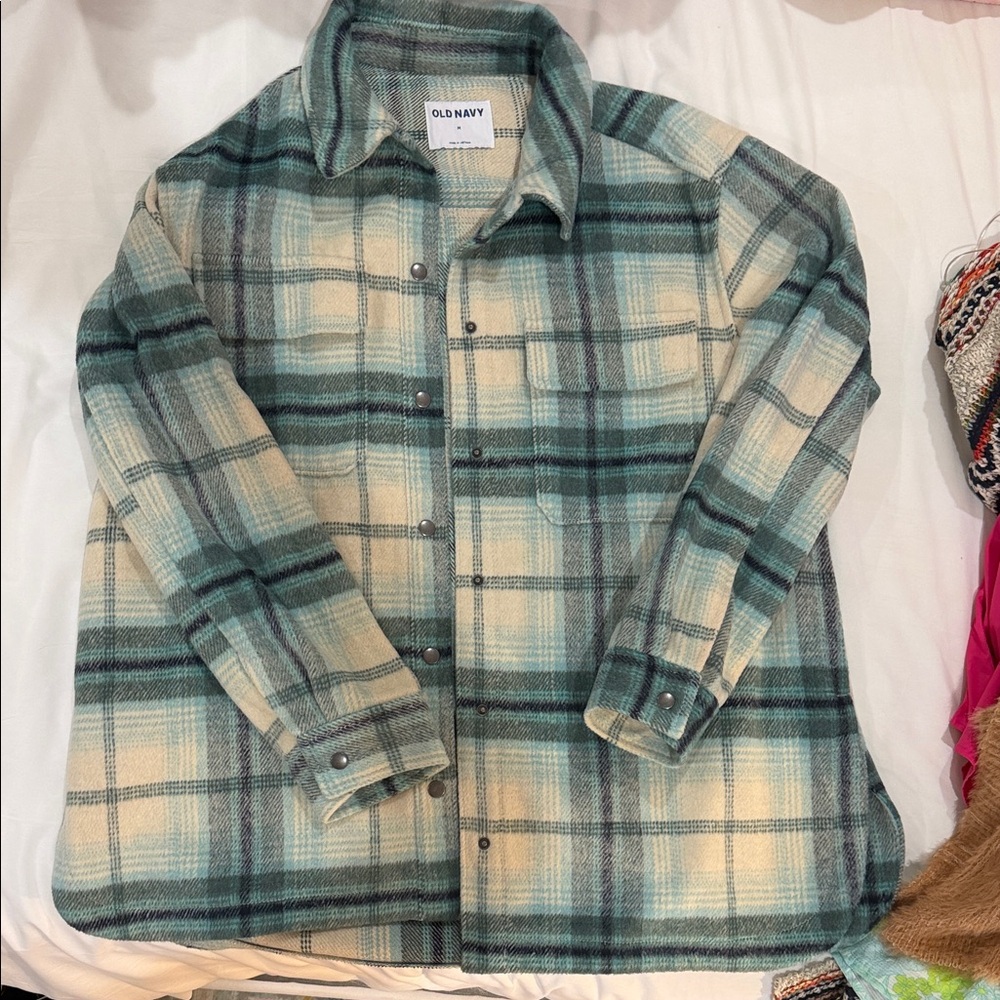Old Navy Green and Cream Plaid Flannel Shirt